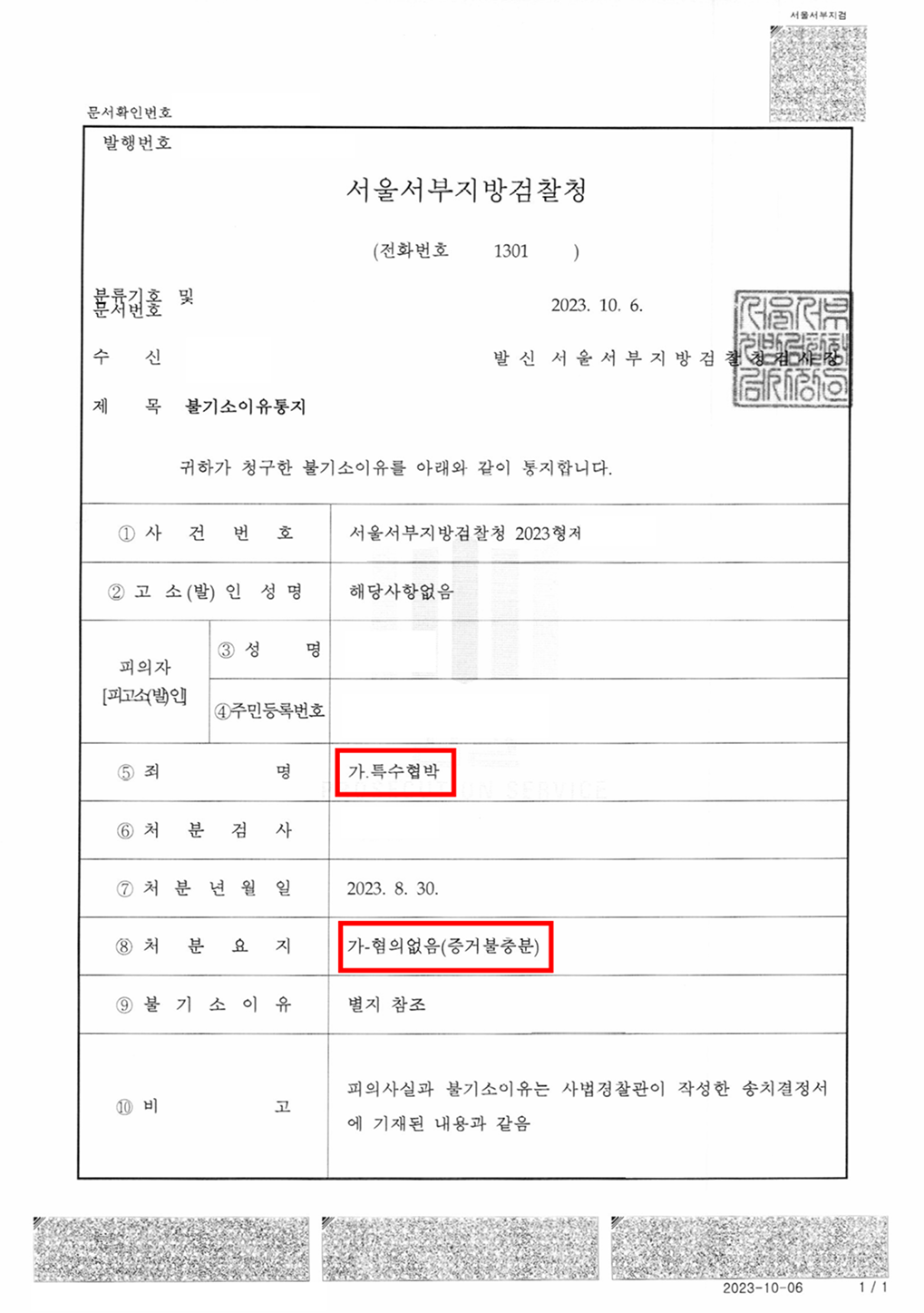 불기소이유서(특수협박-존속상해 협박) 혐의없음 증거불충분   